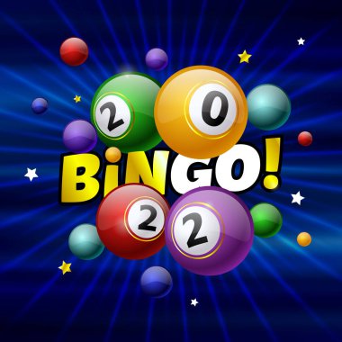 Bingo! Mavi arka planda 2022 numaralı renkli bilardo topları. Tatil konsepti ve mutlu yıllar. Vektör, resimleme