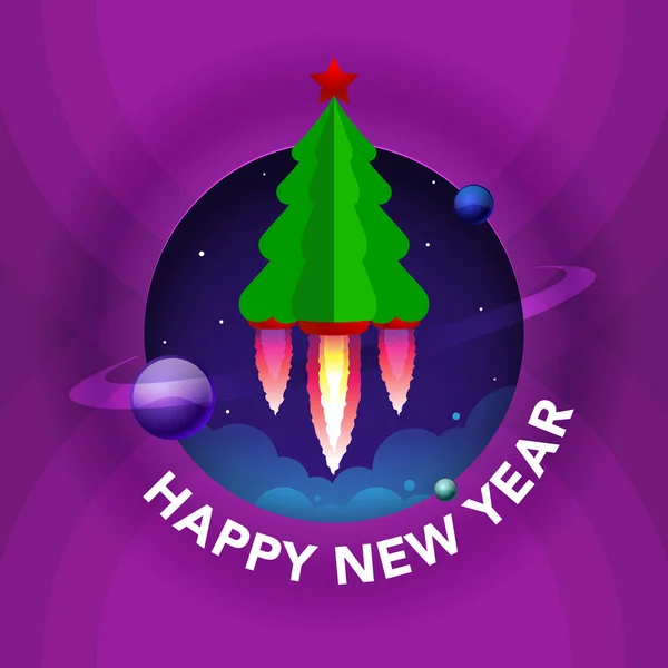 Arbre Noël Avec Moteur Fusée Dans Espace Bonne Année Bannière — Image vectorielle