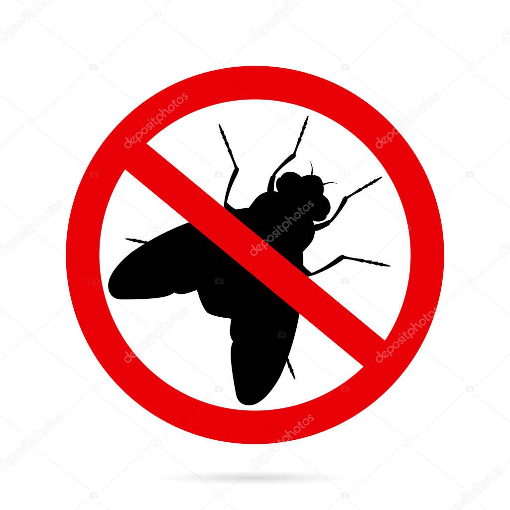 Fly silhouette and sign prohibited on a white background. Stop fly sticker, insect pests. Flat style design. Vector, illustration