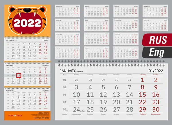 Trimestre Calendario Para 2022 Año Del Tigre Calendario Mural Inglés — Vector de stock