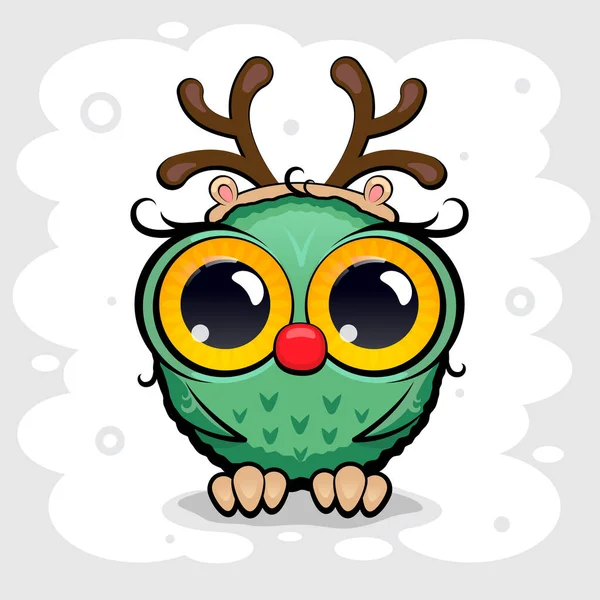 有一双大眼睛的卡通绿色猫头鹰 遮掩着圣诞鹿角 新年假期的概念或圣诞快乐 — 图库矢量图片