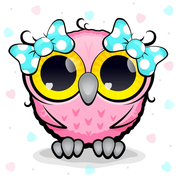 Pink Owl Girl Turquoise Bows Enamored Eyes Love Concept Valentine — Stock Vector