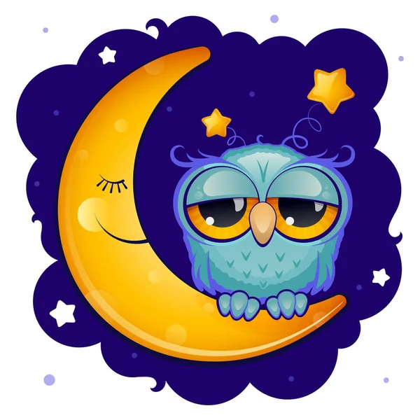 Owl Yellow Moon Background Night Sky Stars Sleep Concept Cartoon — Stock Vector