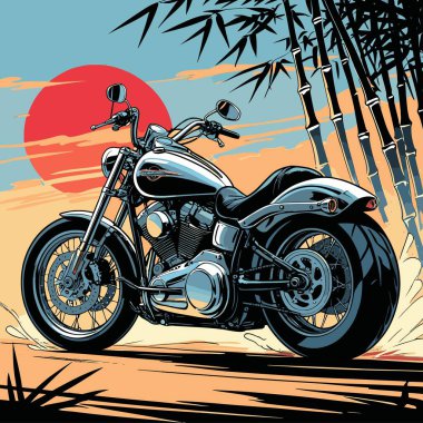 Amerikan kruvazörü motosiklet vektör sanatı uzun gövdeli, alçak koltuklu ve geniş gidonu olan klasik bir Amerikan tarzı motosiklet çizimi.