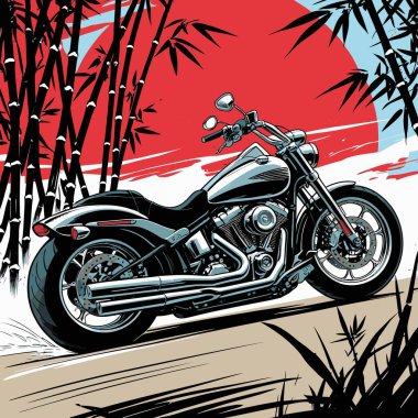 Amerikan kruvazörü motosiklet vektör sanatı uzun gövdeli, alçak koltuklu ve geniş gidonu olan klasik bir Amerikan tarzı motosiklet çizimi.