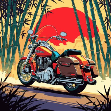 Amerikan kruvazörü motosiklet vektör sanatı uzun gövdeli, alçak koltuklu ve geniş gidonu olan klasik bir Amerikan tarzı motosiklet çizimi.