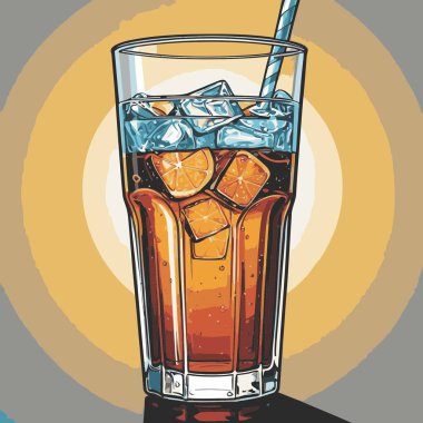 Temiz ve taze sodalı içecek vektör sanat çizimi, uzun bir bardakta soğuk bir içecek veya orantılı şekilli şeffaf bir şişe sunar.