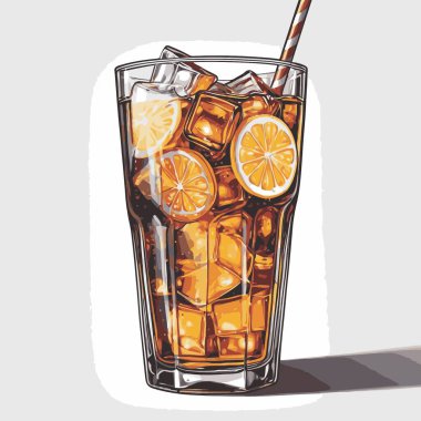 Temiz ve taze sodalı içecek vektör sanat çizimi, uzun bir bardakta soğuk bir içecek veya orantılı şekilli şeffaf bir şişe sunar.