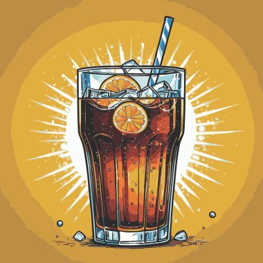 Temiz ve taze sodalı içecek vektör sanat çizimi, uzun bir bardakta soğuk bir içecek veya orantılı şekilli şeffaf bir şişe sunar.