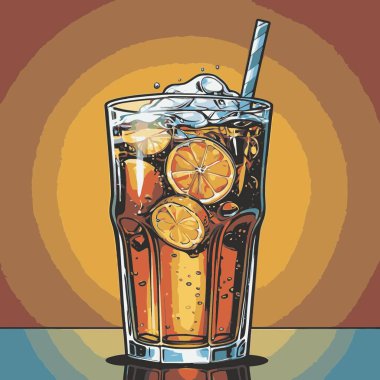 Temiz ve taze sodalı içecek vektör sanat çizimi, uzun bir bardakta soğuk bir içecek veya orantılı şekilli şeffaf bir şişe sunar.