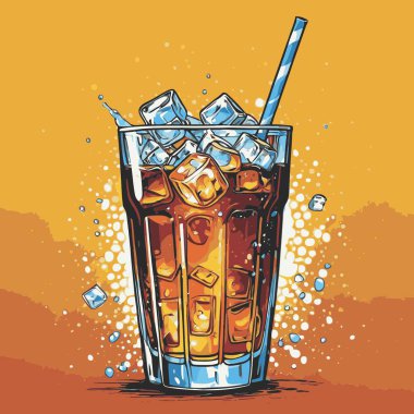 Temiz ve taze sodalı içecek vektör sanat çizimi, uzun bir bardakta soğuk bir içecek veya orantılı şekilli şeffaf bir şişe sunar.