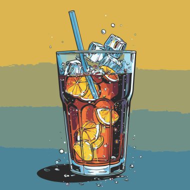 Temiz ve taze sodalı içecek vektör sanat çizimi, uzun bir bardakta soğuk bir içecek veya orantılı şekilli şeffaf bir şişe sunar.