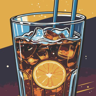 Temiz ve taze sodalı içecek vektör sanat çizimi, uzun bir bardakta soğuk bir içecek veya orantılı şekilli şeffaf bir şişe sunar.