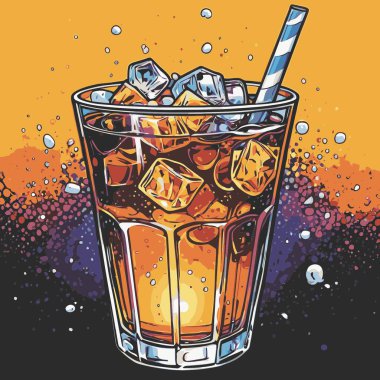 Temiz ve taze sodalı içecek vektör sanat çizimi, uzun bir bardakta soğuk bir içecek veya orantılı şekilli şeffaf bir şişe sunar.