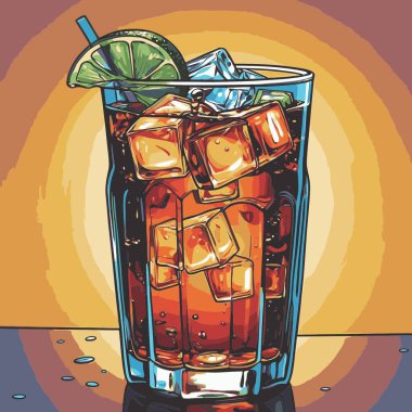 Temiz ve taze sodalı içecek vektör sanat çizimi, uzun bir bardakta soğuk bir içecek veya orantılı şekilli şeffaf bir şişe sunar.