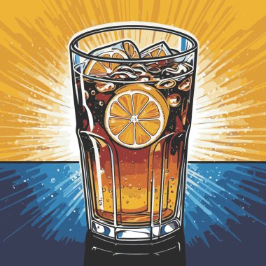 Temiz ve taze sodalı içecek vektör sanat çizimi, uzun bir bardakta soğuk bir içecek veya orantılı şekilli şeffaf bir şişe sunar.