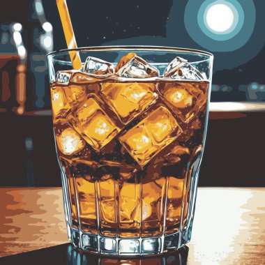 Temiz ve taze sodalı içecek vektör sanat çizimi, uzun bir bardakta soğuk bir içecek veya orantılı şekilli şeffaf bir şişe sunar.