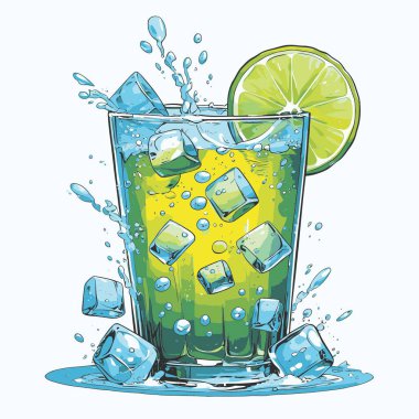 Temiz ve taze sodalı içecek vektör sanat çizimi, uzun bir bardakta soğuk bir içecek veya orantılı şekilli şeffaf bir şişe sunar.