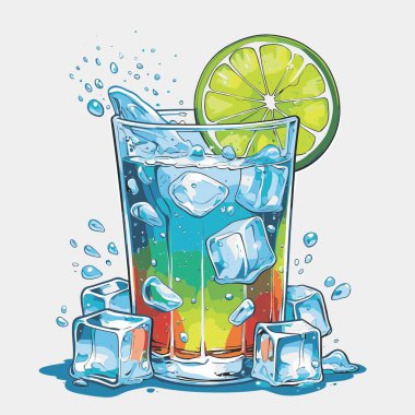 Temiz ve taze sodalı içecek vektör sanat çizimi, uzun bir bardakta soğuk bir içecek veya orantılı şekilli şeffaf bir şişe sunar.