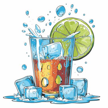 Temiz ve taze sodalı içecek vektör sanat çizimi, uzun bir bardakta soğuk bir içecek veya orantılı şekilli şeffaf bir şişe sunar.