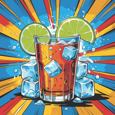 Temiz ve taze sodalı içecek vektör sanat çizimi, uzun bir bardakta soğuk bir içecek veya orantılı şekilli şeffaf bir şişe sunar.