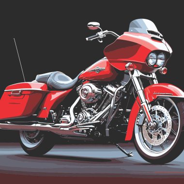 Büyük, sağlam gövdeli, yüksek ön camlı, kendine özgü yan ve arka kutuları olan bir motosiklet turu motosiklet çizimi..