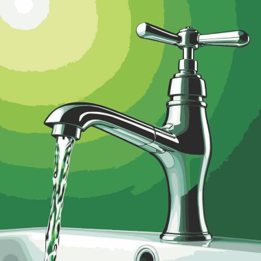 Bu karikatür tarzı su musluğu tasviri basit şekilli ve çizgi film karakteri ve dışavurumcu hissi için biraz abartılı bir su musluğu içeriyor..