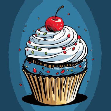 Temiz ve çekici bir fincan kek vektör sanat çizimi, orantılı şekilli ve tatlı görünümlü bir kek içerir.