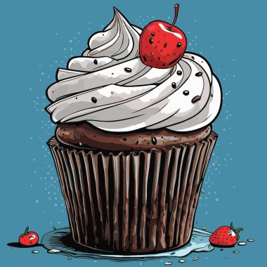 Temiz ve çekici bir fincan kek vektör sanat çizimi, orantılı şekilli ve tatlı görünümlü bir kek içerir.