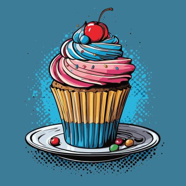 Temiz ve çekici bir fincan kek vektör sanat çizimi, orantılı şekilli ve tatlı görünümlü bir kek içerir.