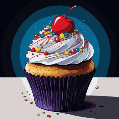 Temiz ve çekici bir fincan kek vektör sanat çizimi, orantılı şekilli ve tatlı görünümlü bir kek içerir.