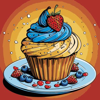 Temiz ve çekici bir fincan kek vektör sanat çizimi, orantılı şekilli ve tatlı görünümlü bir kek içerir.