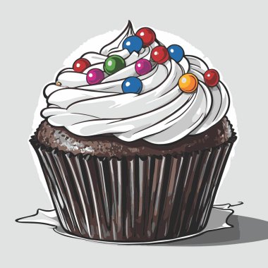 Temiz ve çekici bir fincan kek vektör sanat çizimi, orantılı şekilli ve tatlı görünümlü bir kek içerir.