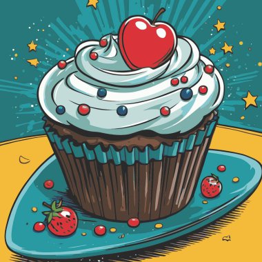 Temiz ve çekici bir fincan kek vektör sanat çizimi, orantılı şekilli ve tatlı görünümlü bir kek içerir.