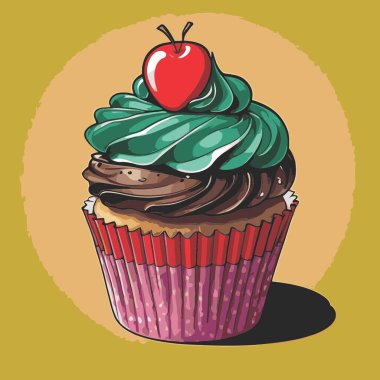 Temiz ve çekici bir fincan kek vektör sanat çizimi, orantılı şekilli ve tatlı görünümlü bir kek içerir.