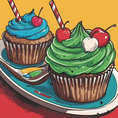 Temiz ve çekici bir fincan kek vektör sanat çizimi, orantılı şekilli ve tatlı görünümlü bir kek içerir.