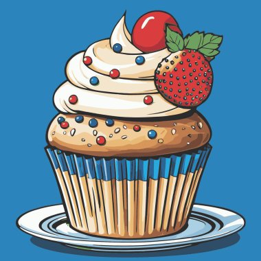 Temiz ve çekici bir fincan kek vektör sanat çizimi, orantılı şekilli ve tatlı görünümlü bir kek içerir.