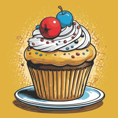 Temiz ve çekici bir fincan kek vektör sanat çizimi, orantılı şekilli ve tatlı görünümlü bir kek içerir.