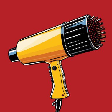 Bu çizgi roman tarzı saç kurutma vektörü çizimi, ilginç bir karikatür hissi için dinamik ve biraz abartılı şekilli bir saç kurutma makinesi içeriyor..