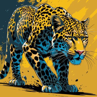 Son derece detaylı ve gerçekçi bir şekilde tasarlanmış leopar vektör sanatı tasviri. İçinde doğru anatomisi ve doğal orantıları olan bir leopar var..