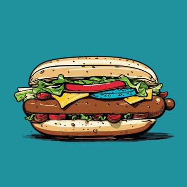 Temiz ve çekici bir sosisli sandviç çizimi. Ortasında sosis olan yumuşak bir sosisli sandviç var. Orantılı ve iştah açıcı bir şekilde çizilmiş..