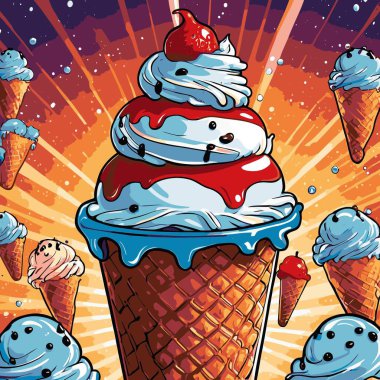 Bu komik-stil vektör sanat dondurması çizimi neşeli ve anlamlı bir his için hafif abartılmış oranlarda ve neşeli şekilli bir dondurma içeriyor..