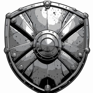 Güçlü, dayanıklı ve dramatik görünümlü demir bir kalkanın sunduğu komik stil demir kalkan sanat tasviri.