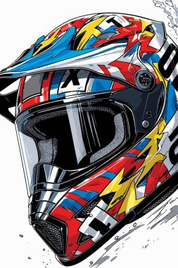 Güçlü bir görsel karaktere sahip cesur ve modern bir tasarıma sahip eşsiz ve havalı bir motosiklet kaskı tasviri.