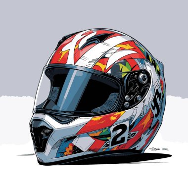 Güçlü bir görsel karaktere sahip cesur ve modern bir tasarıma sahip eşsiz ve havalı bir motosiklet kaskı tasviri.