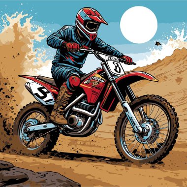 Eşsiz ve havalı bir motokros vektör çizimi dinamik bir off-road motosikleti ve saldırgan bir pozda yakalanmış bir sürücü.