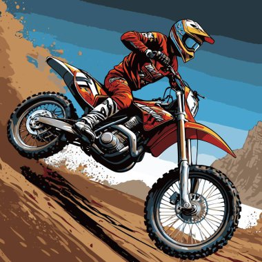 Eşsiz ve havalı bir motokros vektör çizimi dinamik bir off-road motosikleti ve saldırgan bir pozda yakalanmış bir sürücü.