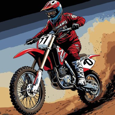 Eşsiz ve havalı bir motokros vektör çizimi dinamik bir off-road motosikleti ve saldırgan bir pozda yakalanmış bir sürücü.