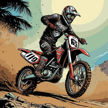 Eşsiz ve havalı bir motokros vektör çizimi dinamik bir off-road motosikleti ve saldırgan bir pozda yakalanmış bir sürücü.