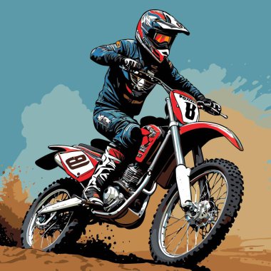 Eşsiz ve havalı bir motokros vektör çizimi dinamik bir off-road motosikleti ve saldırgan bir pozda yakalanmış bir sürücü.
